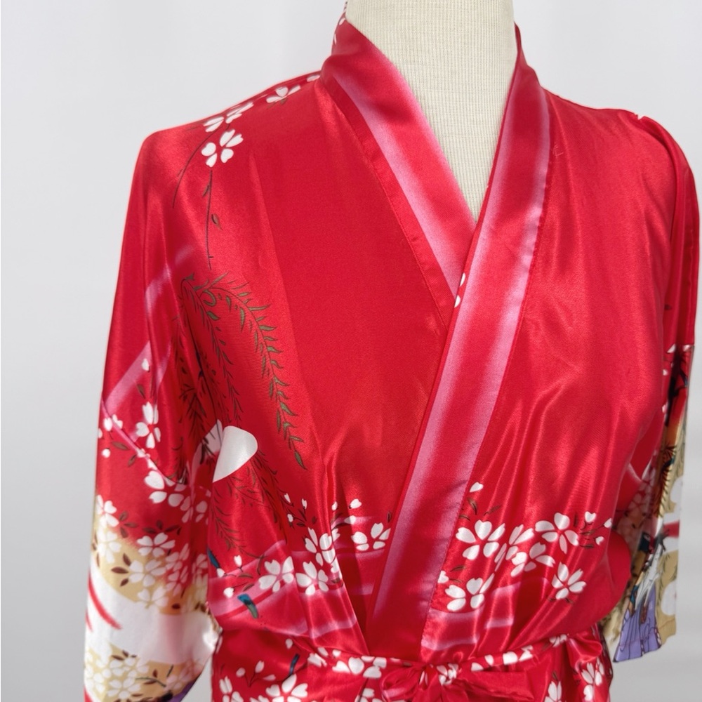 Hanboyuan Red Satin-Feel‎ Kimono Robe Floral Print Wrap Lounge Robe OS - Picture 3 of 6